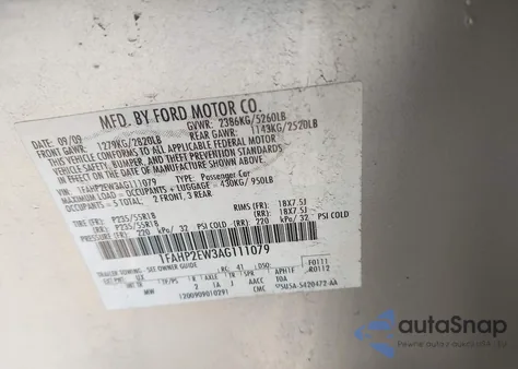 2010 Ford Taurus Sel из США, поврежденный, VIN 1FAHP2EW3AG111079